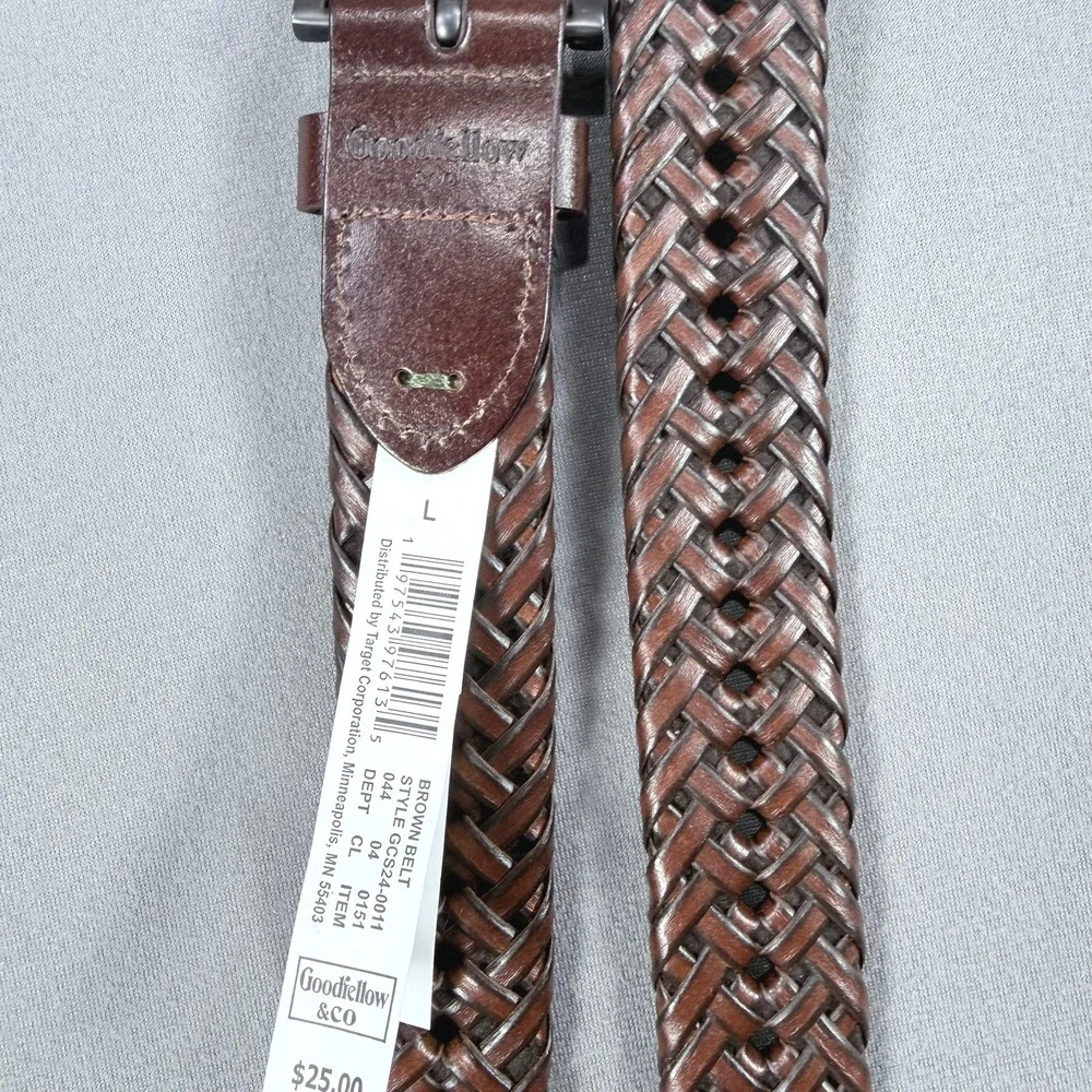 Goodfellow Mens L Brown Faux Leather Braided Woven Belt Silver Buckle 36-40‎ NEW
